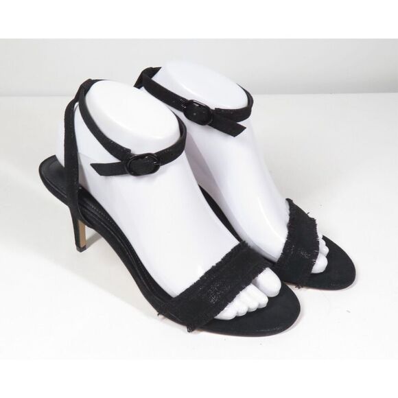 WHBM Shiloh Suede Heels Sandal Fringe Edges Ankle Strap Black Metallic Women 7 - Picture 1 of 7